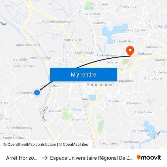 Arrêt Horizon Ivato to Espace Universitaire Régional De L'Océan Indien map