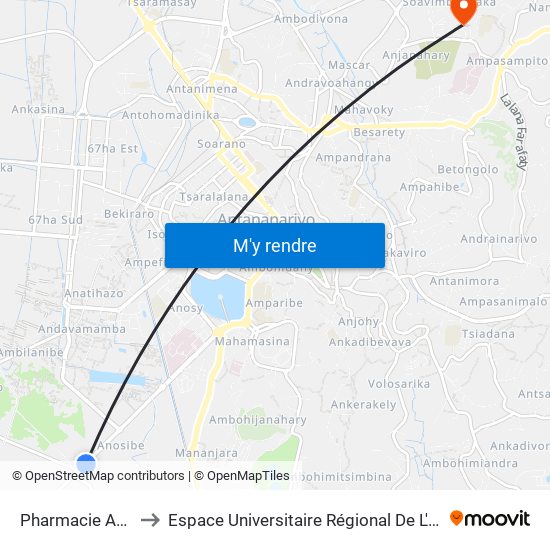Pharmacie Anosibe to Espace Universitaire Régional De L'Océan Indien map