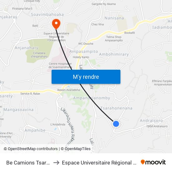 Be Camions Tsarahonenana to Espace Universitaire Régional De L'Océan Indien map