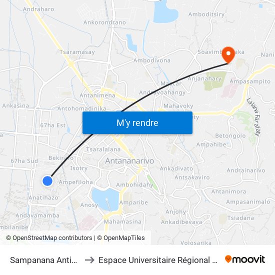 Sampanana Antihazo Isotry to Espace Universitaire Régional De L'Océan Indien map