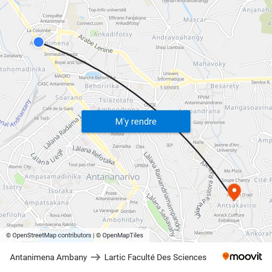 Antanimena Ambany to Lartic Faculté Des Sciences map