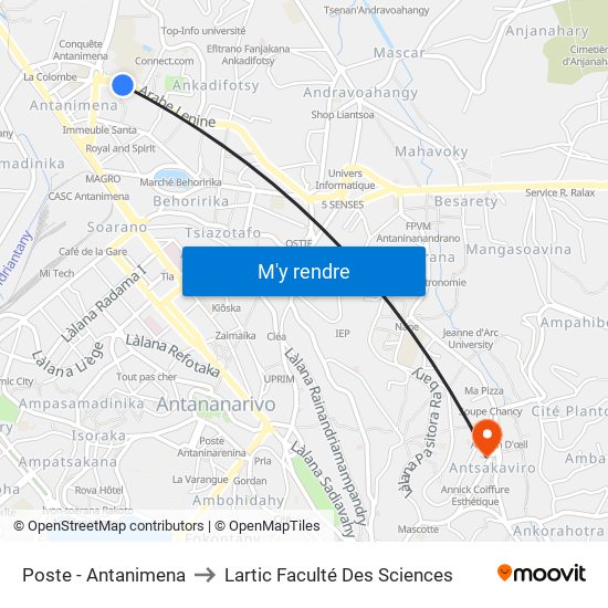 Poste - Antanimena to Lartic Faculté Des Sciences map