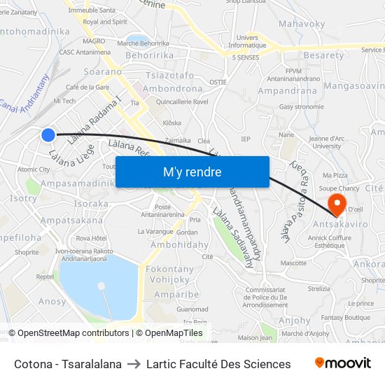 Cotona - Tsaralalana to Lartic Faculté Des Sciences map