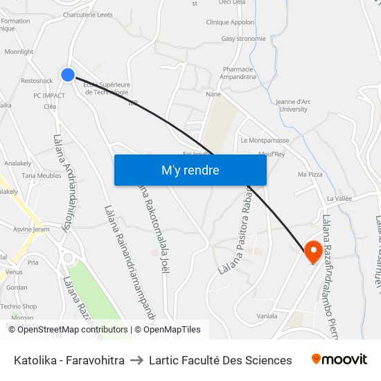 Katolika - Faravohitra to Lartic Faculté Des Sciences map