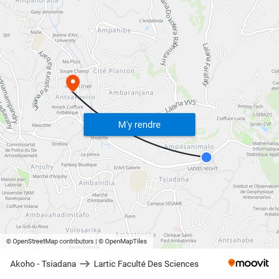 Akoho - Tsiadana to Lartic Faculté Des Sciences map