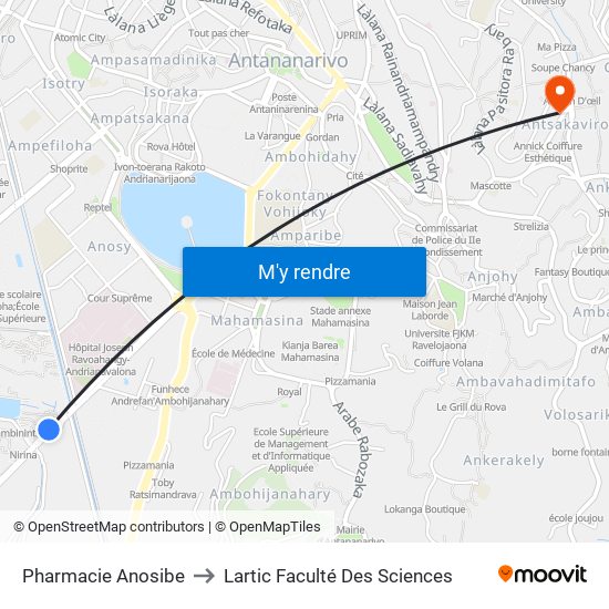 Pharmacie Anosibe to Lartic Faculté Des Sciences map