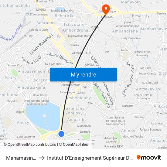 Mahamasina (Vers Ambohijatovo) to Institut D’Enseignement Supérieur De Technologie D’Informatique Et De Management D’Entreprise map