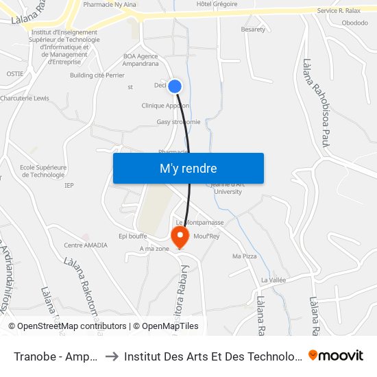 Tranobe - Ampandrana to Institut Des Arts Et Des Technologies Avancées map
