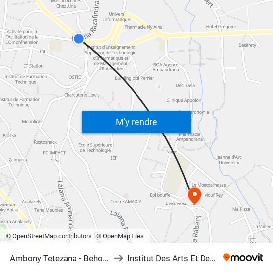 Ambony Tetezana - Behoririka - Ho Any Ankadifotsy to Institut Des Arts Et Des Technologies Avancées map
