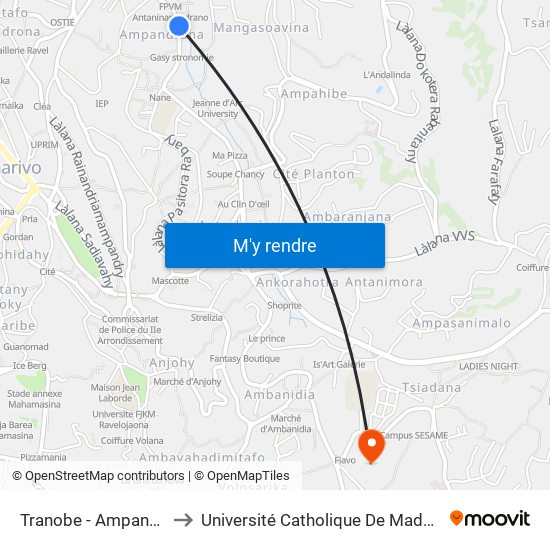 Tranobe - Ampandrana to Université Catholique De Madagascar map