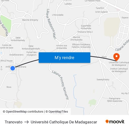 Tranovato to Université Catholique De Madagascar map