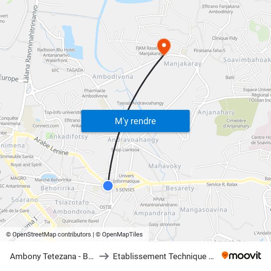 Ambony Tetezana - Behoririka - Avy Any Ankadifotsy to Etablissement Technique De Formation Professionnel Supérieur map