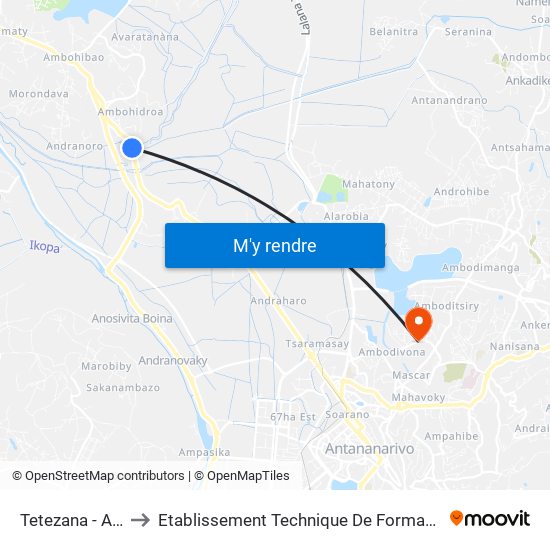 Tetezana - Ambohidroa to Etablissement Technique De Formation Professionnel Supérieur map