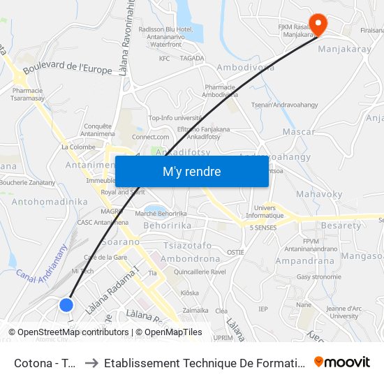 Cotona - Tsaralalana to Etablissement Technique De Formation Professionnel Supérieur map