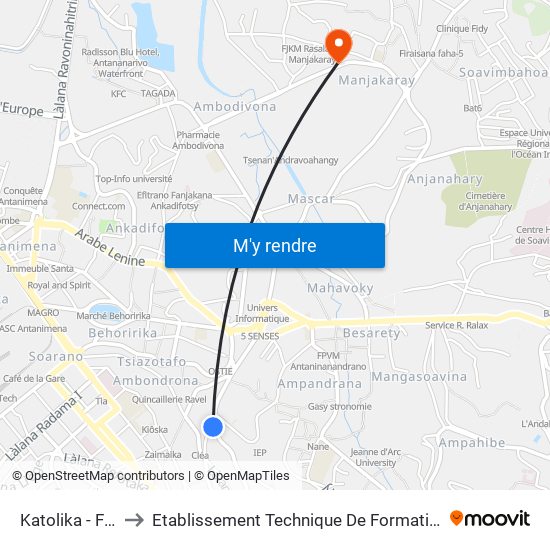 Katolika - Faravohitra to Etablissement Technique De Formation Professionnel Supérieur map