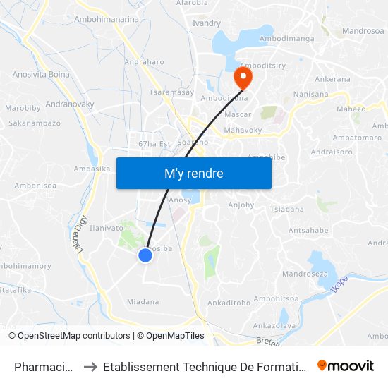 Pharmacie Anosibe to Etablissement Technique De Formation Professionnel Supérieur map