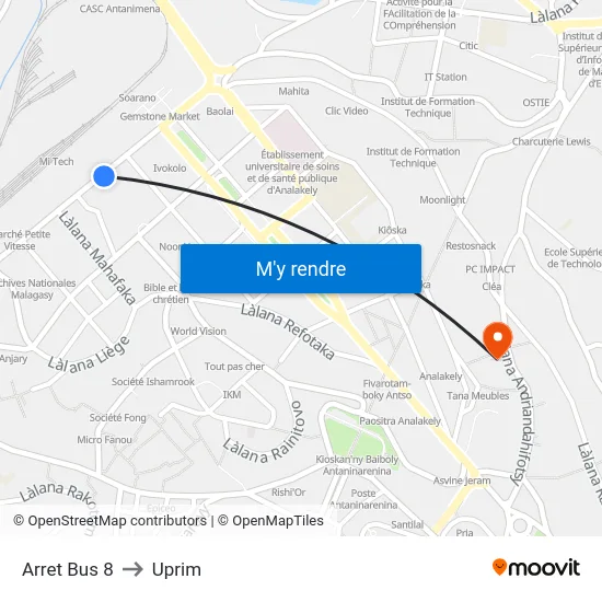 Arret Bus 8 to Uprim map
