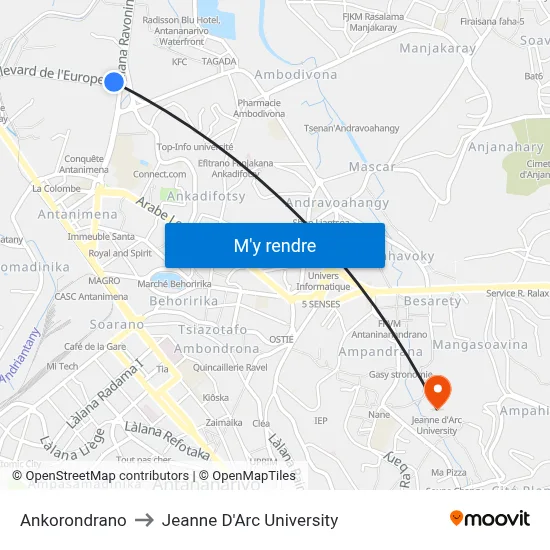 Ankorondrano to Jeanne D'Arc University map