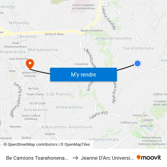 Be Camions Tsarahonenana to Jeanne D'Arc University map