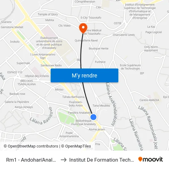 Rm1 - Andohan'Analakely to Institut De Formation Technique map