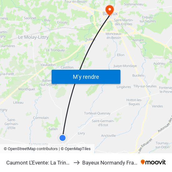 Caumont L'Evente: La Tringale to Bayeux Normandy France map