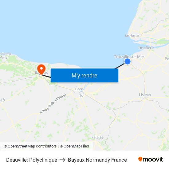 Deauville: Polyclinique to Bayeux Normandy France map