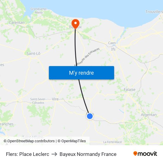 Flers: Place Leclerc to Bayeux Normandy France map