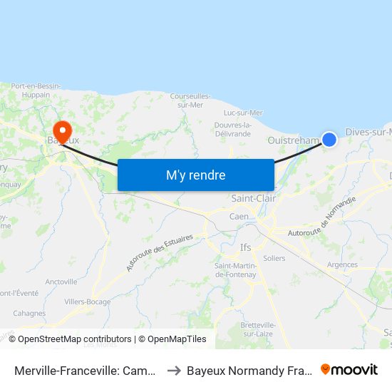Merville-Franceville: Camping to Bayeux Normandy France map