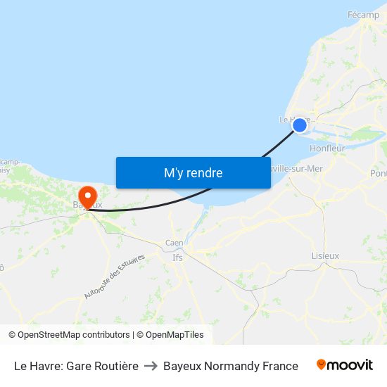 Le Havre: Gare Routière to Bayeux Normandy France map