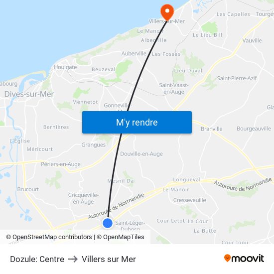 Dozule: Centre to Villers sur Mer map