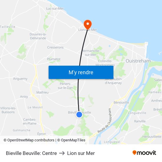 Bieville Beuville: Centre to Lion sur Mer map
