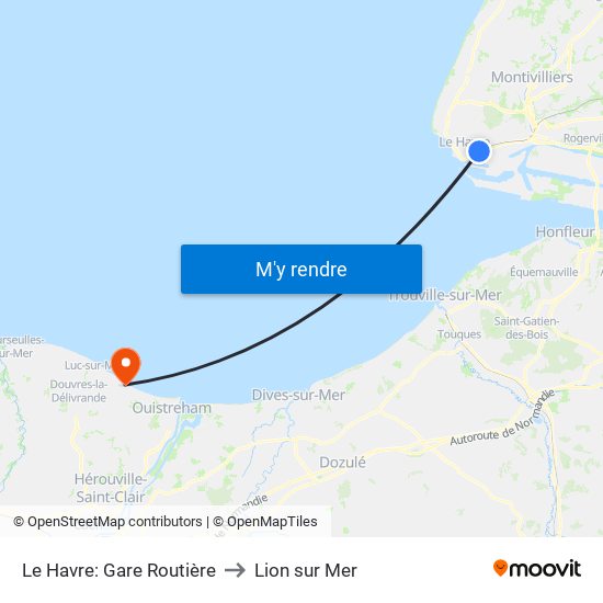 Le Havre: Gare Routière to Lion sur Mer map