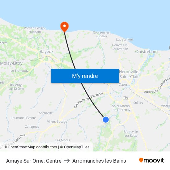 Amaye Sur Orne: Centre to Arromanches les Bains map