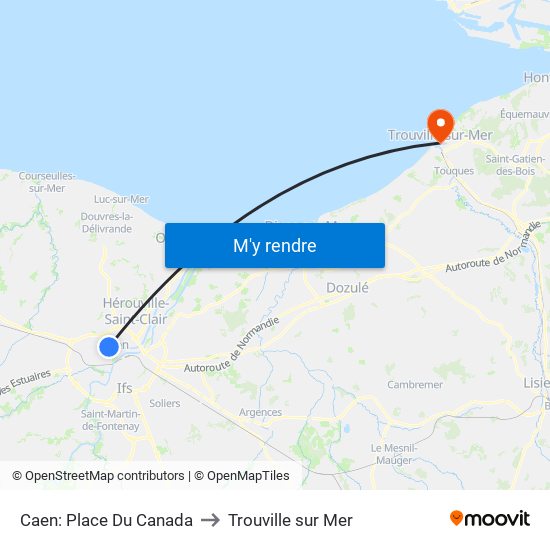 Caen: Place Du Canada to Trouville sur Mer map