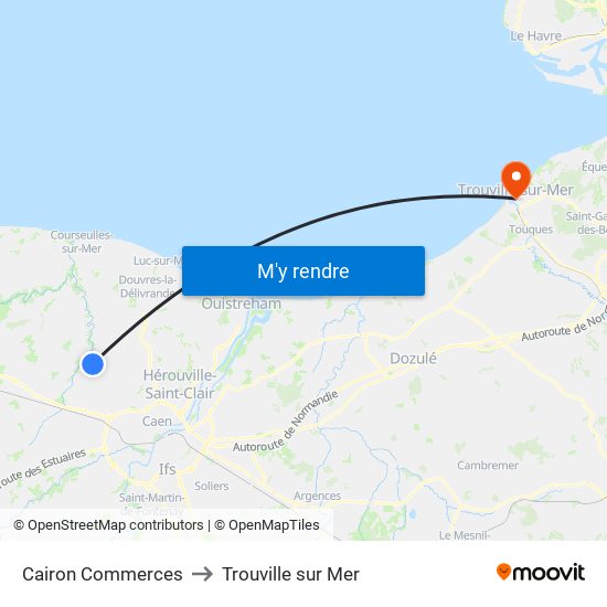 Cairon Commerces to Trouville sur Mer map