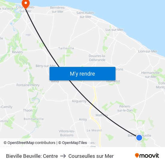 Bieville Beuville: Centre to Courseulles sur Mer map