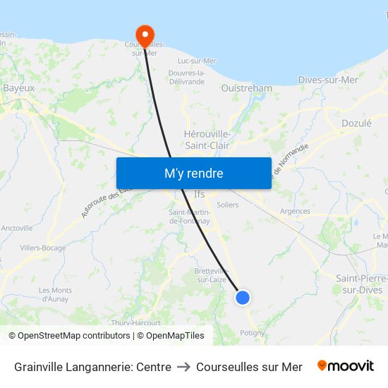 Grainville Langannerie: Centre to Courseulles sur Mer map