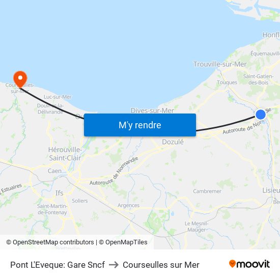 Pont L'Eveque: Gare Sncf to Courseulles sur Mer map