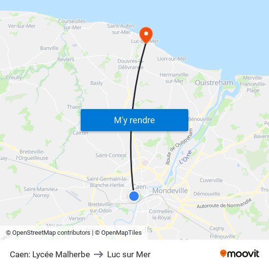 Caen: Lycée Malherbe to Luc sur Mer map