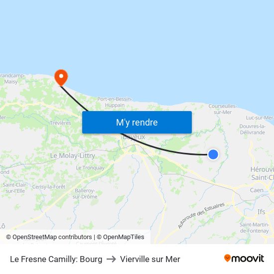 Le Fresne Camilly: Bourg to Vierville sur Mer map