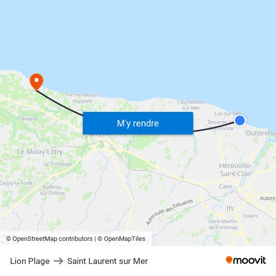 Lion Plage to Saint Laurent sur Mer map