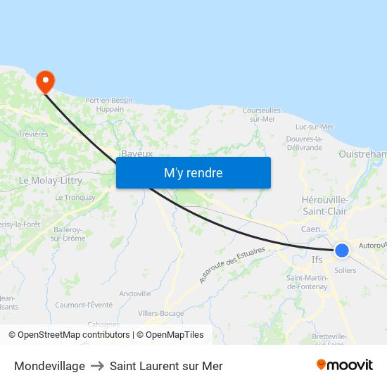 Mondevillage to Saint Laurent sur Mer map