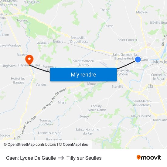 Caen: Lycee De Gaulle to Tilly sur Seulles map