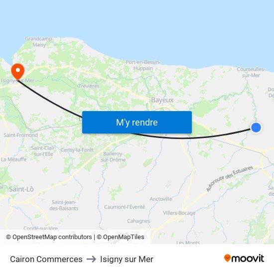 Cairon Commerces to Isigny sur Mer map