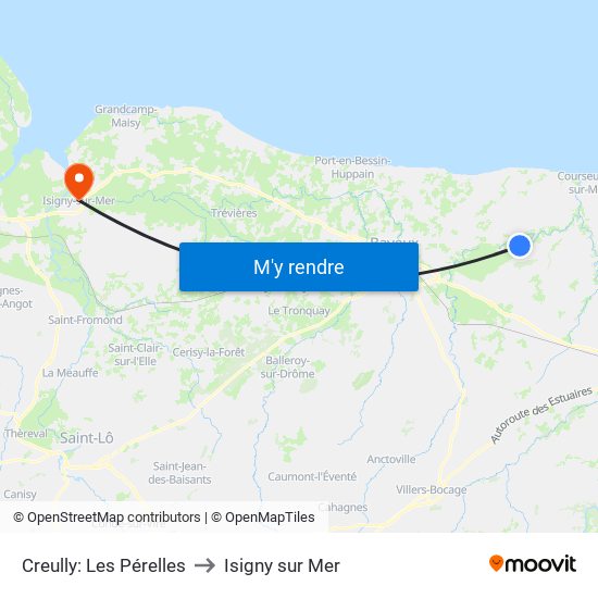 Creully: Les Pérelles to Isigny sur Mer map