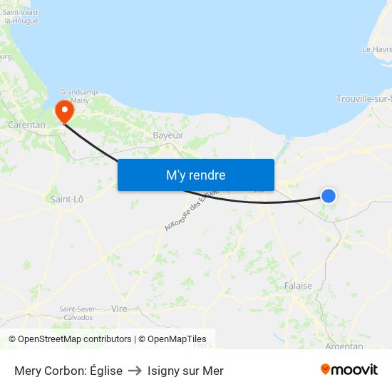 Mery Corbon: Église to Isigny sur Mer map