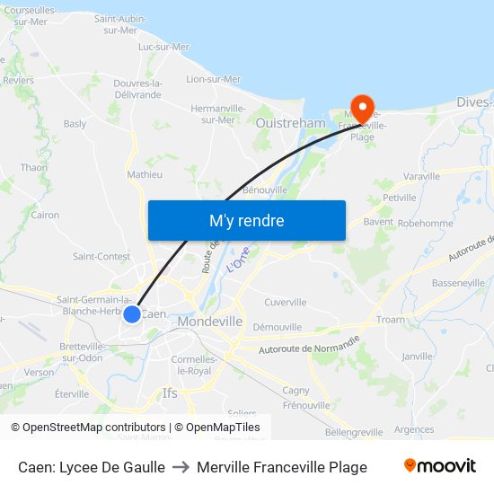 Caen: Lycee De Gaulle to Merville Franceville Plage map