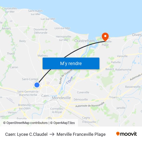 Caen: Lycee C.Claudel to Merville Franceville Plage map