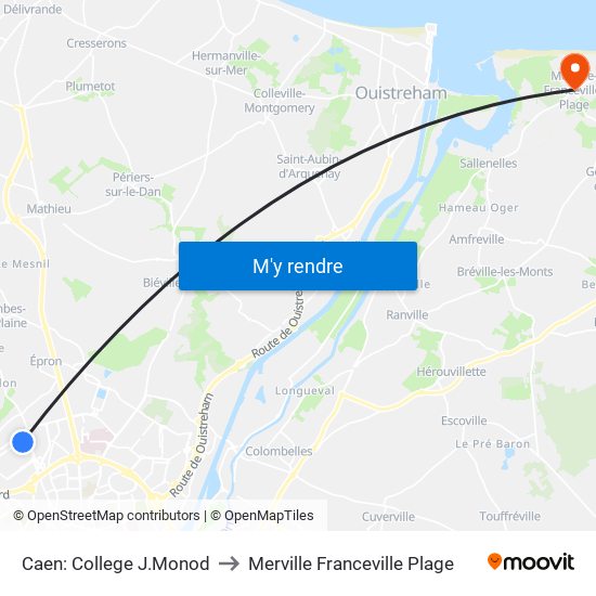 Caen: College J.Monod to Merville Franceville Plage map