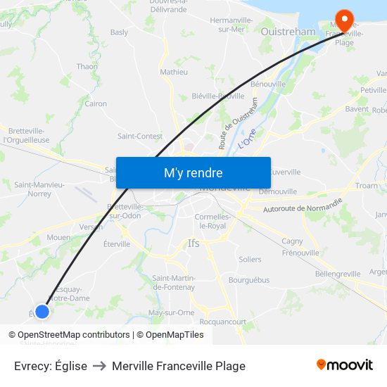 Evrecy: Église to Merville Franceville Plage map